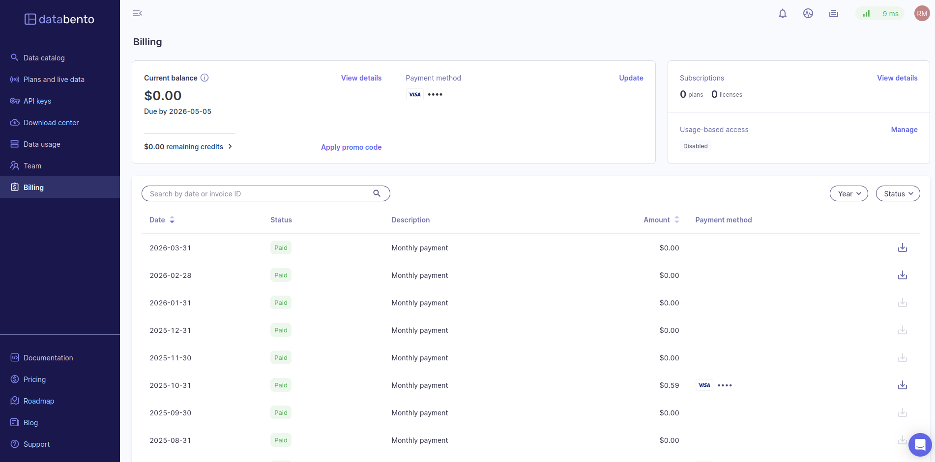 Billing page